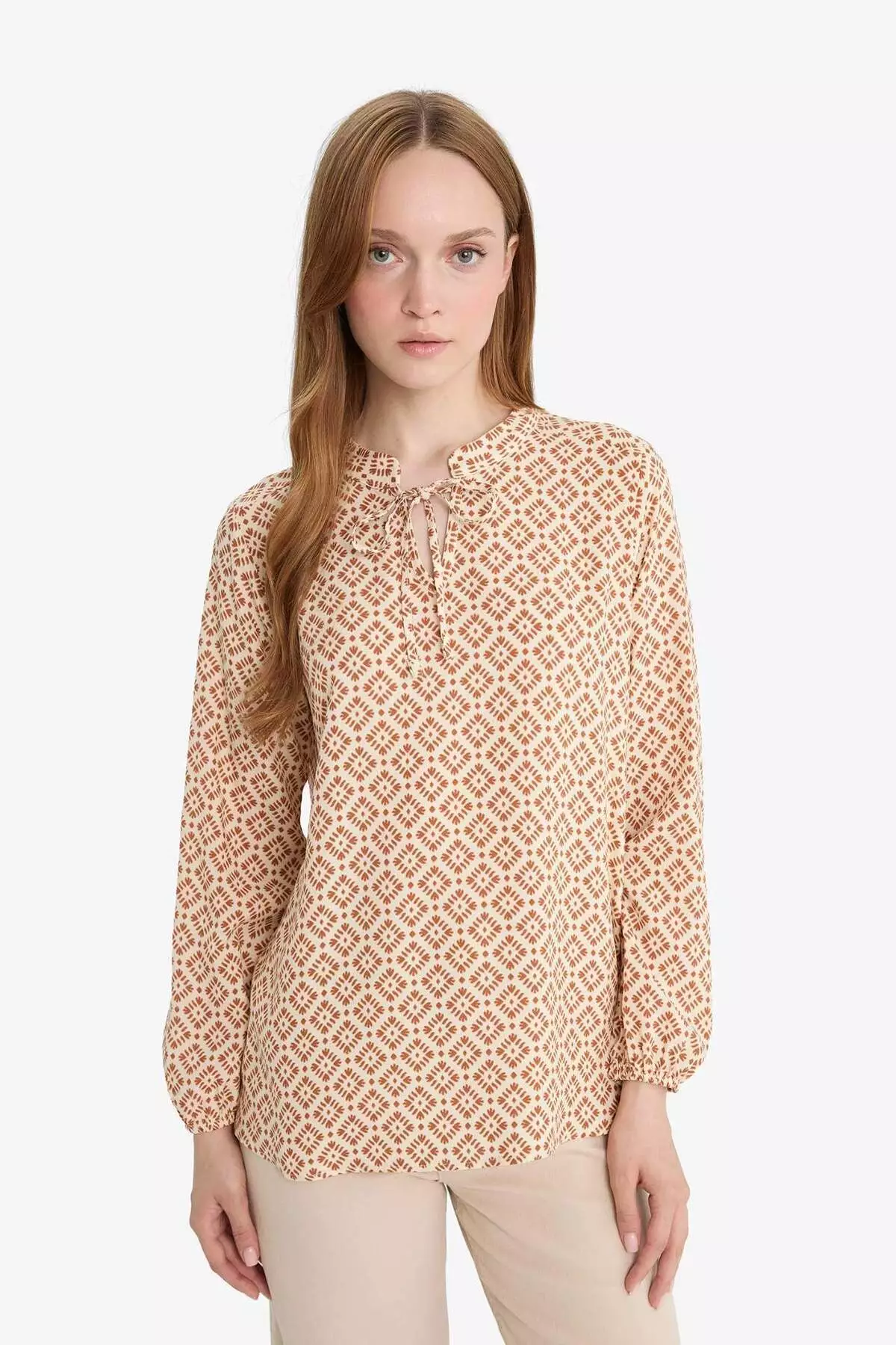 Regular Fit Lace-Up Collar Patterned Long Sleeve Blouse N1809Az25Sp