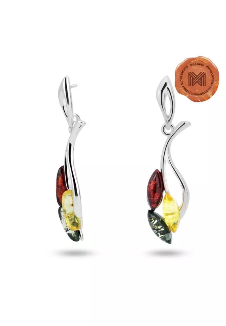 Multifaceted Baltic Amber Leaves of Fall Silver Earrings with 925 Sterling Silver