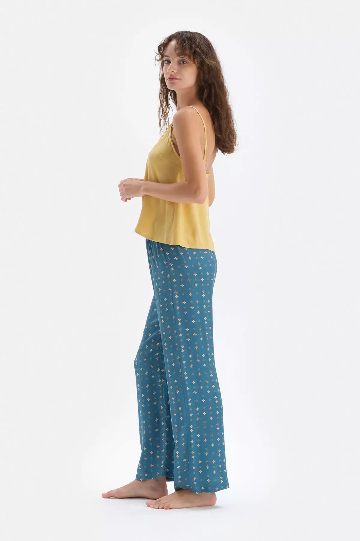 Mustard Pyjama Set, Thin Straps, V-Neck, Geometric Printed, Regular Fit, Sleeveless Homewear And Sleepwear for Women