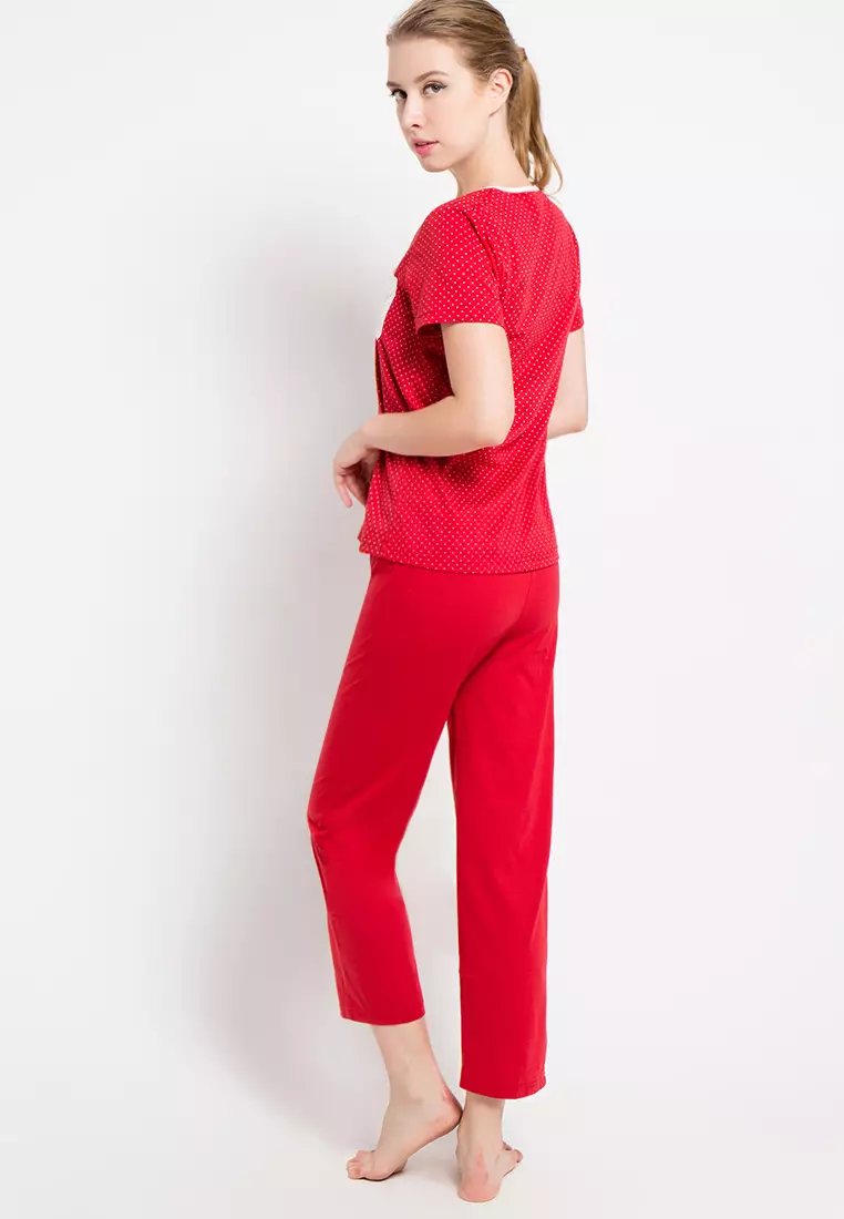 Short Sleeve Long Pants Print Polkadot Sleepwear