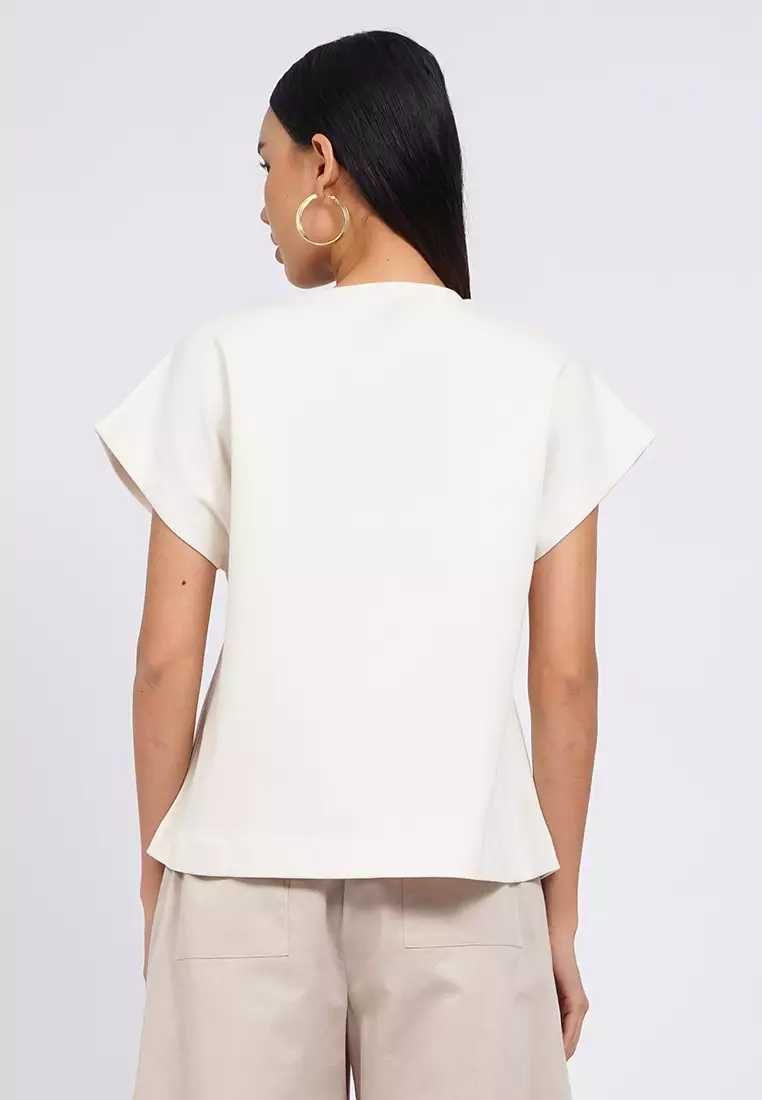 V-Neck Short Sleeve Wrap Blouse OFF WHITE