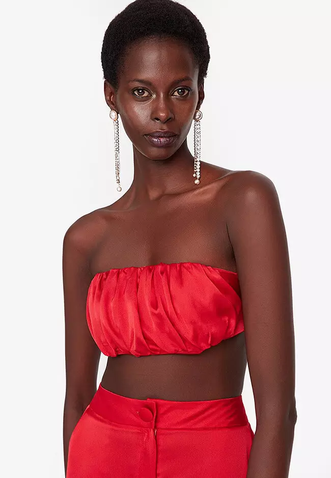 Red satin shop bustier top