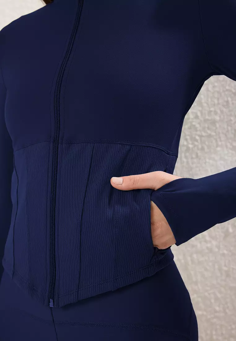 Navy Blue Brushed Soft Fabric Thumb Hole Knitted Sports Jacket/Sweatshirt THMAW25SK00001
