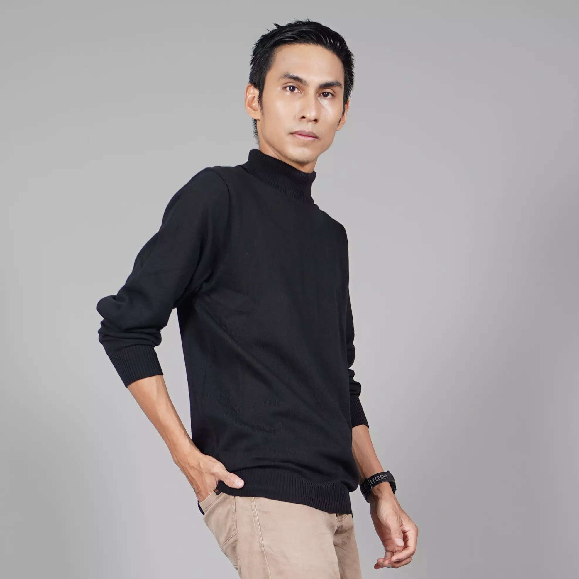  JEHOON Turtle Neck Knit Outer Sweater Rajut Pria - HITAM