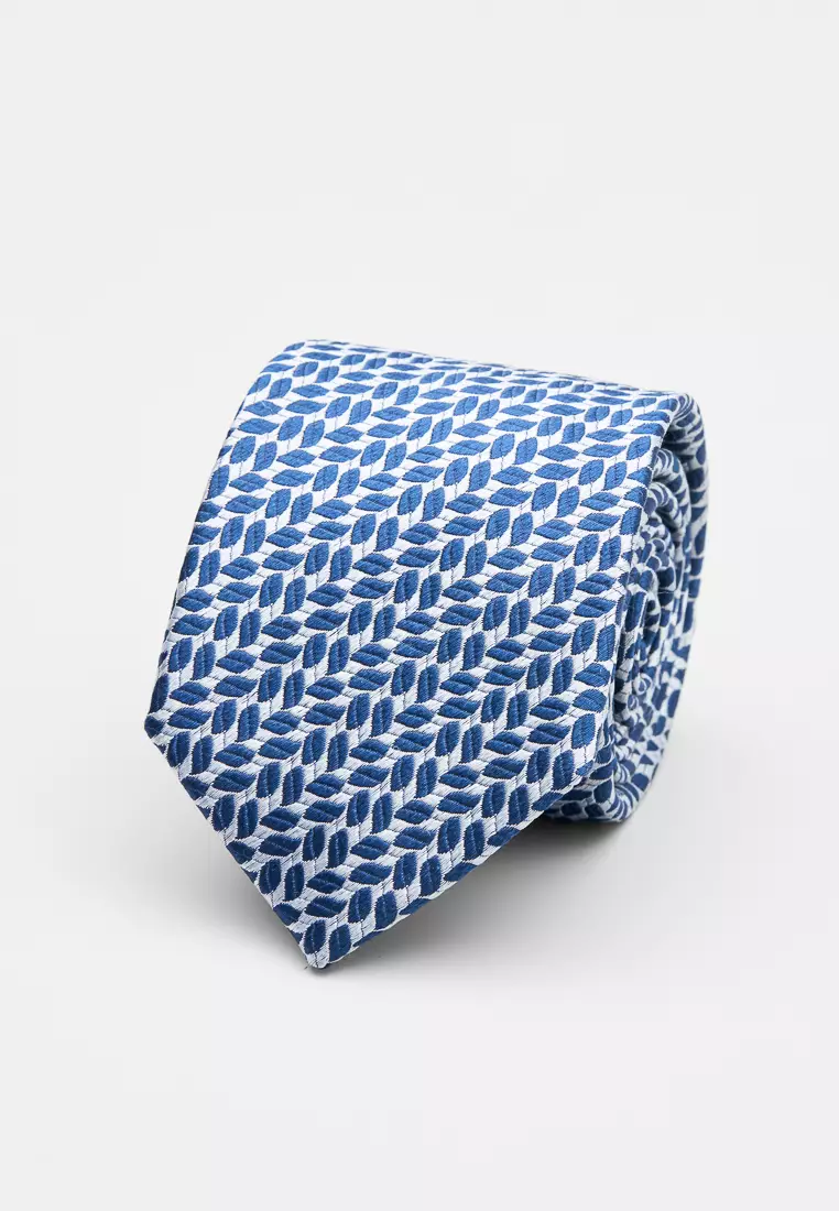 Silver and Blue Geometric Silk Tie