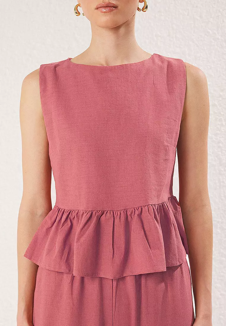 Pink Linen Look Crew Neck Blouse and Trousers Woven Double Bottom-Top Set TWOSS25AU00081