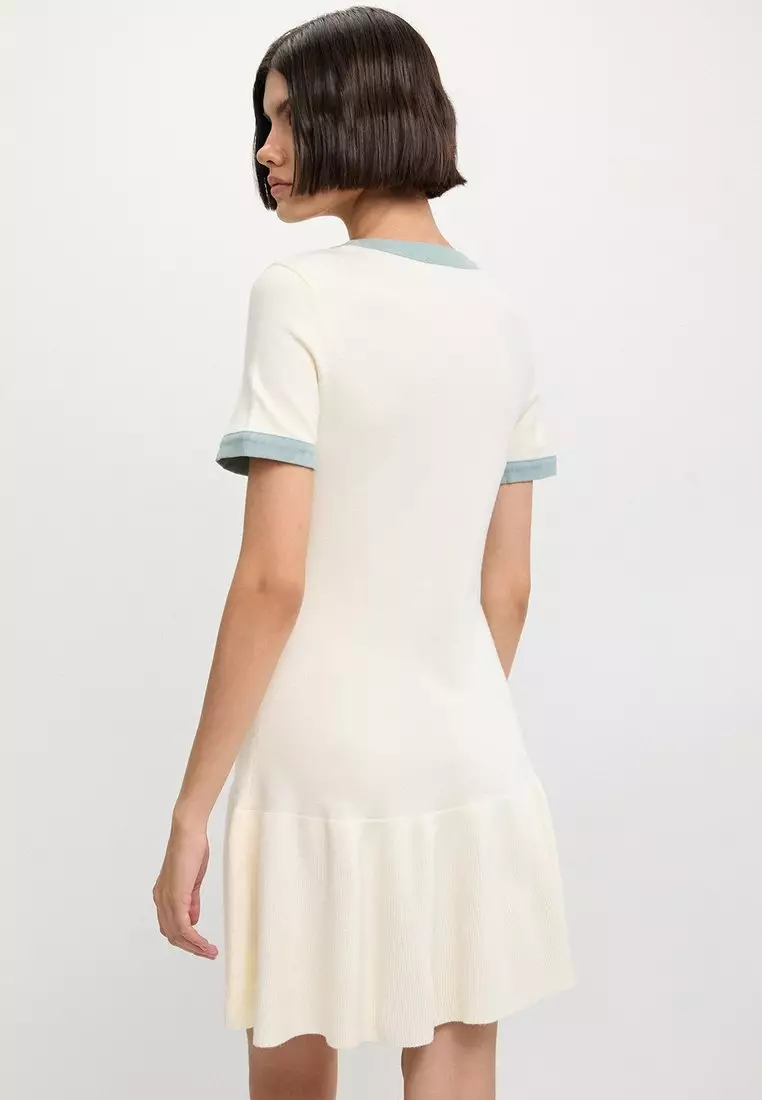 Contrast Trim Button-Up Knit Dress - Ivory