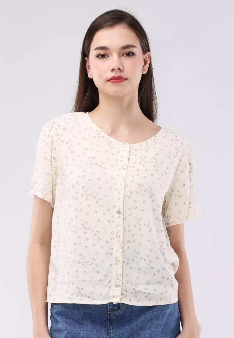 Printed Soft Linen Short Sleeves Round Neck Blouse