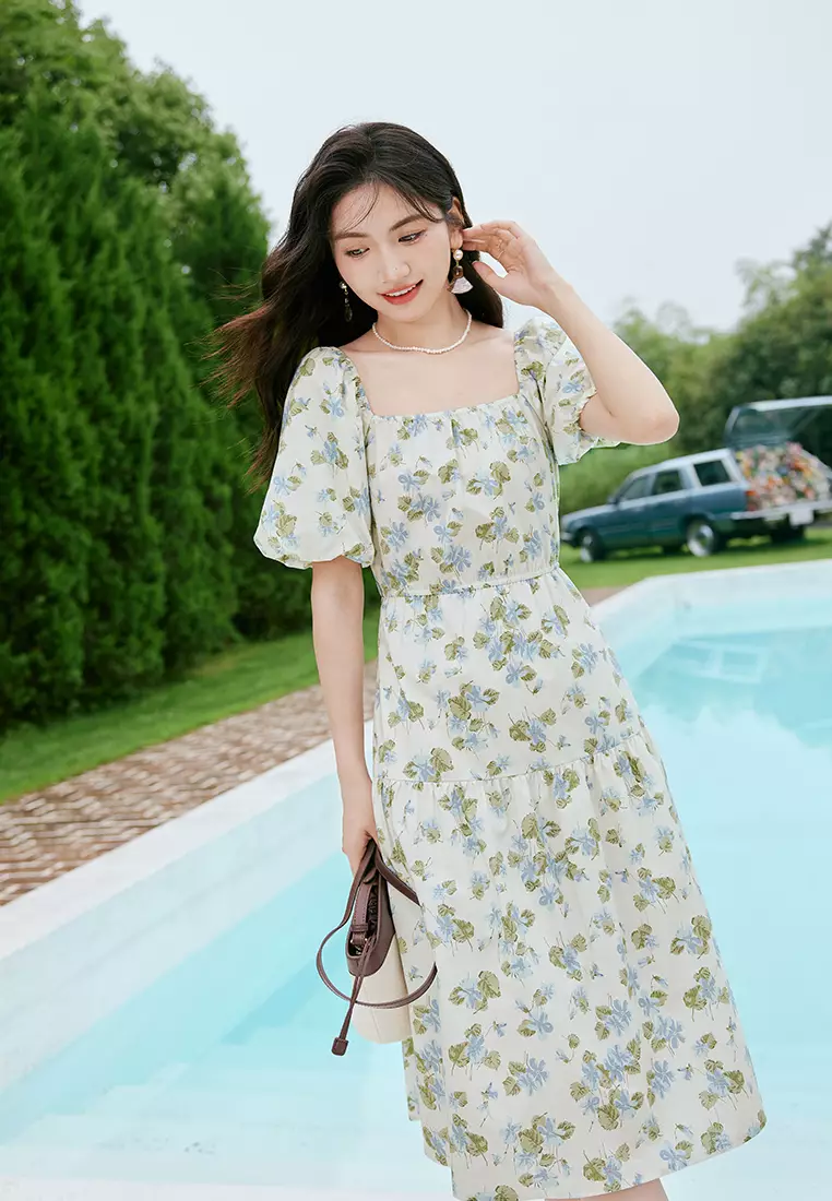 Puff Sleeve Square Neck Floral Midi Dress