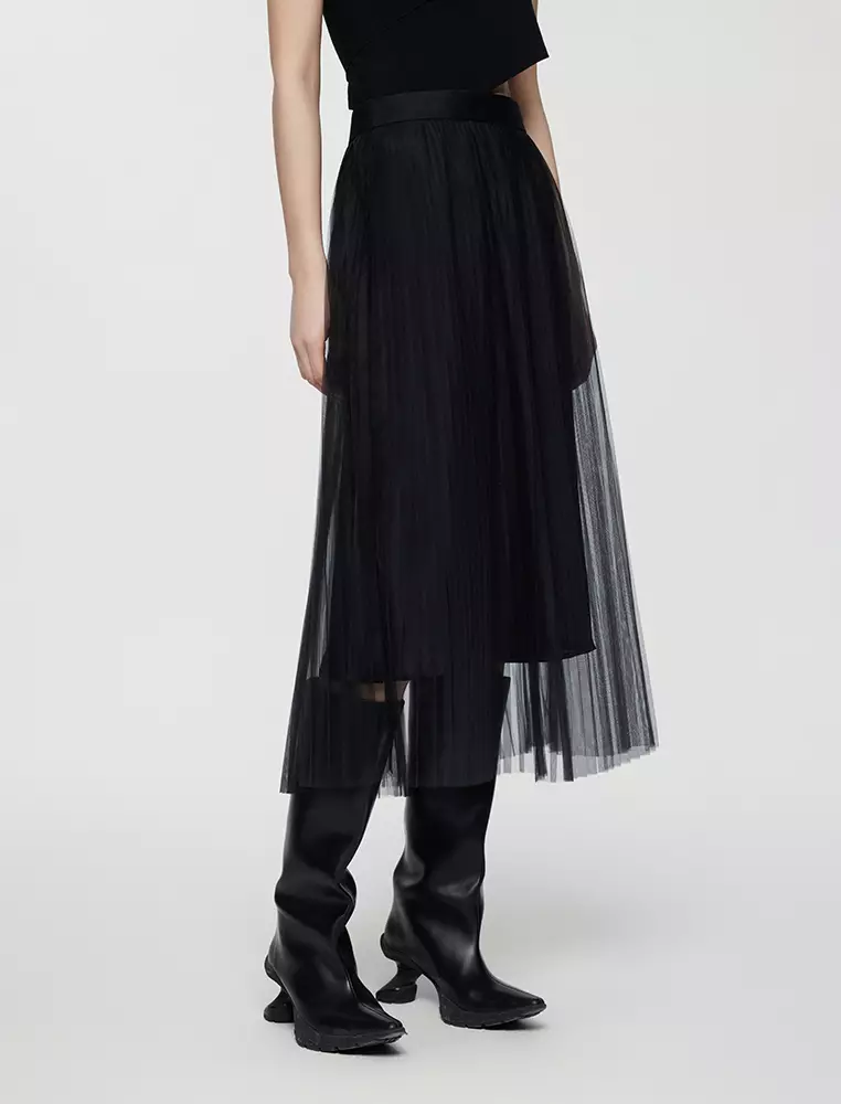 Straight Cut Pleated Long Waist Skirt