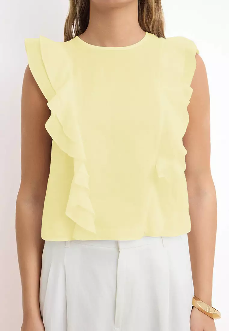 Yellow Ruffle Detailed Crop Length Semi-Sheer Woven Blouse Twoss26Bz43