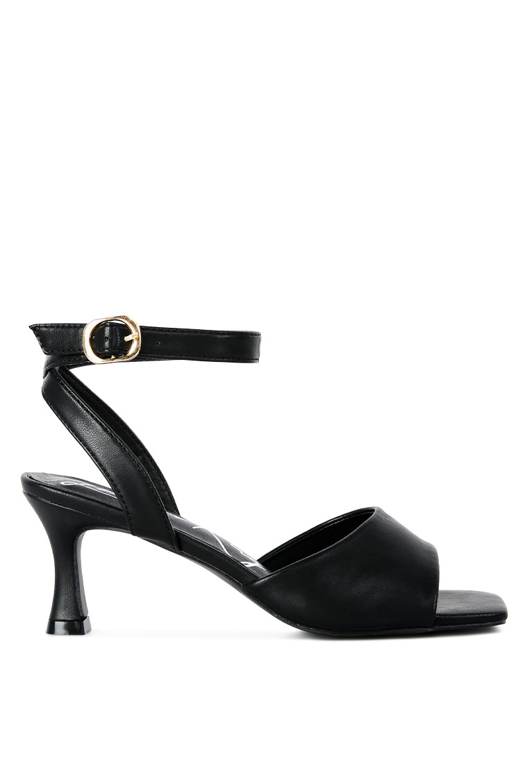 Black Mid Heel Ankle Strap Sandals