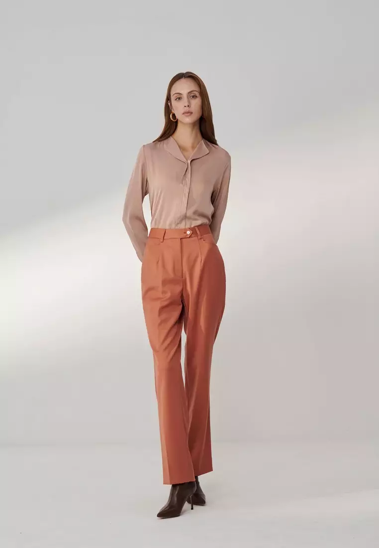 Camel Pink Styled V-neck Blouse