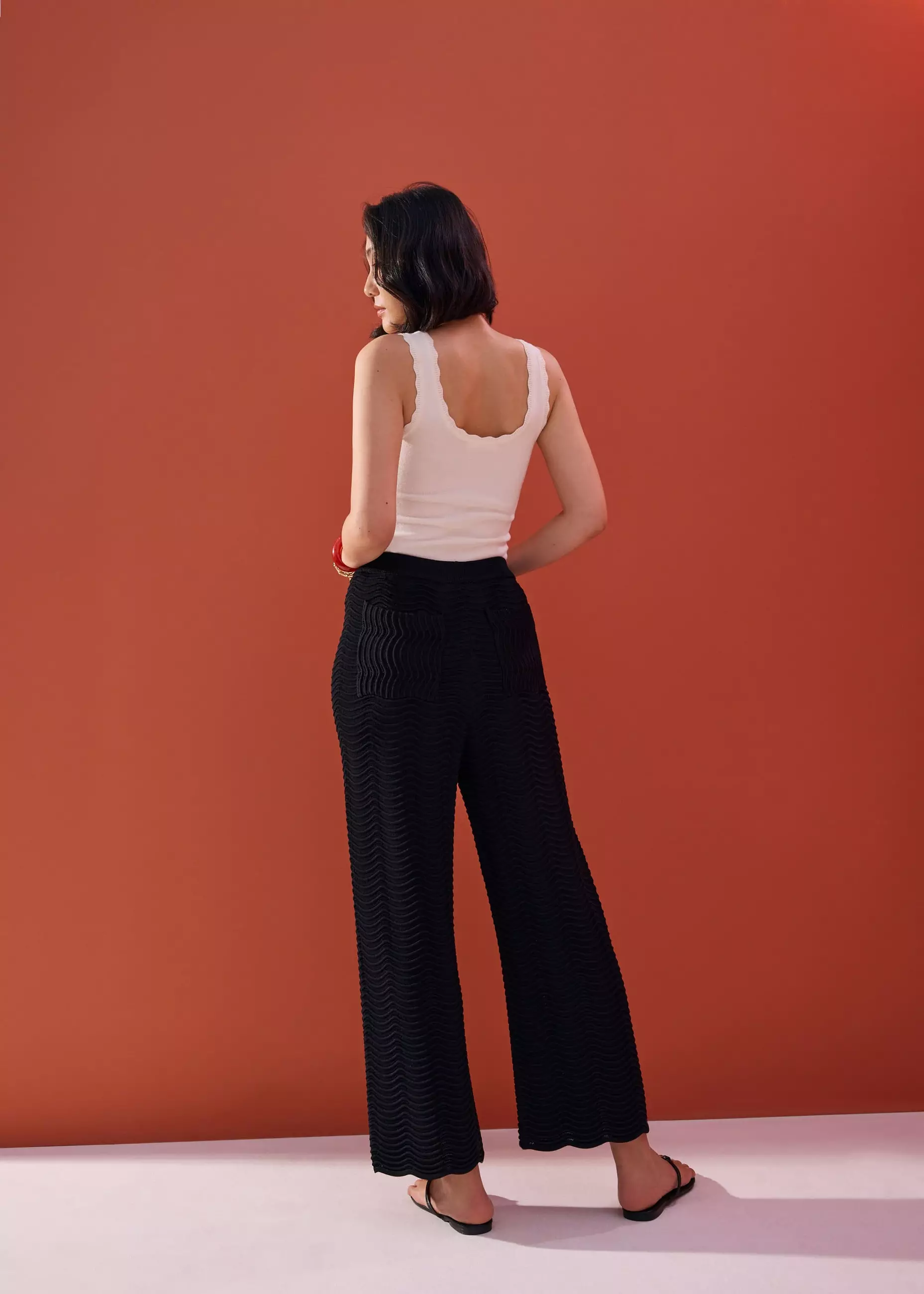 Celana Panjang Wanita - Elastic Wavy Knit Straight Leg Pants