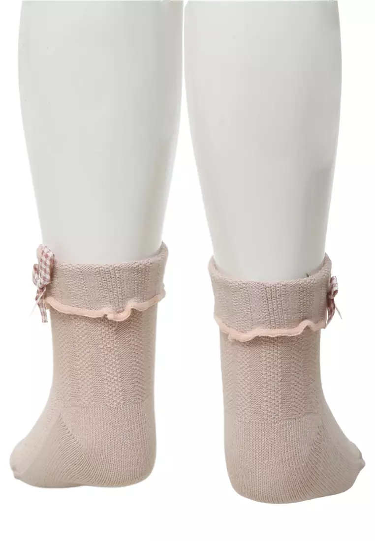 Candie Kaos Kaki Pendek Anak Perempuan Desain Plaid Pita Kids Socks Material Cotton ORIGINAL - Pink