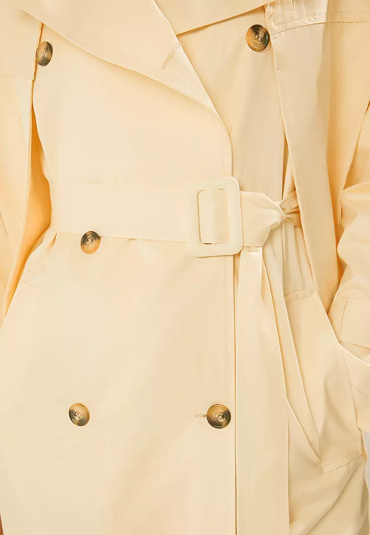 Light Yellow Shawl Collar Double Breasted Oversize Long Trench Coat TWOSS25TR00021