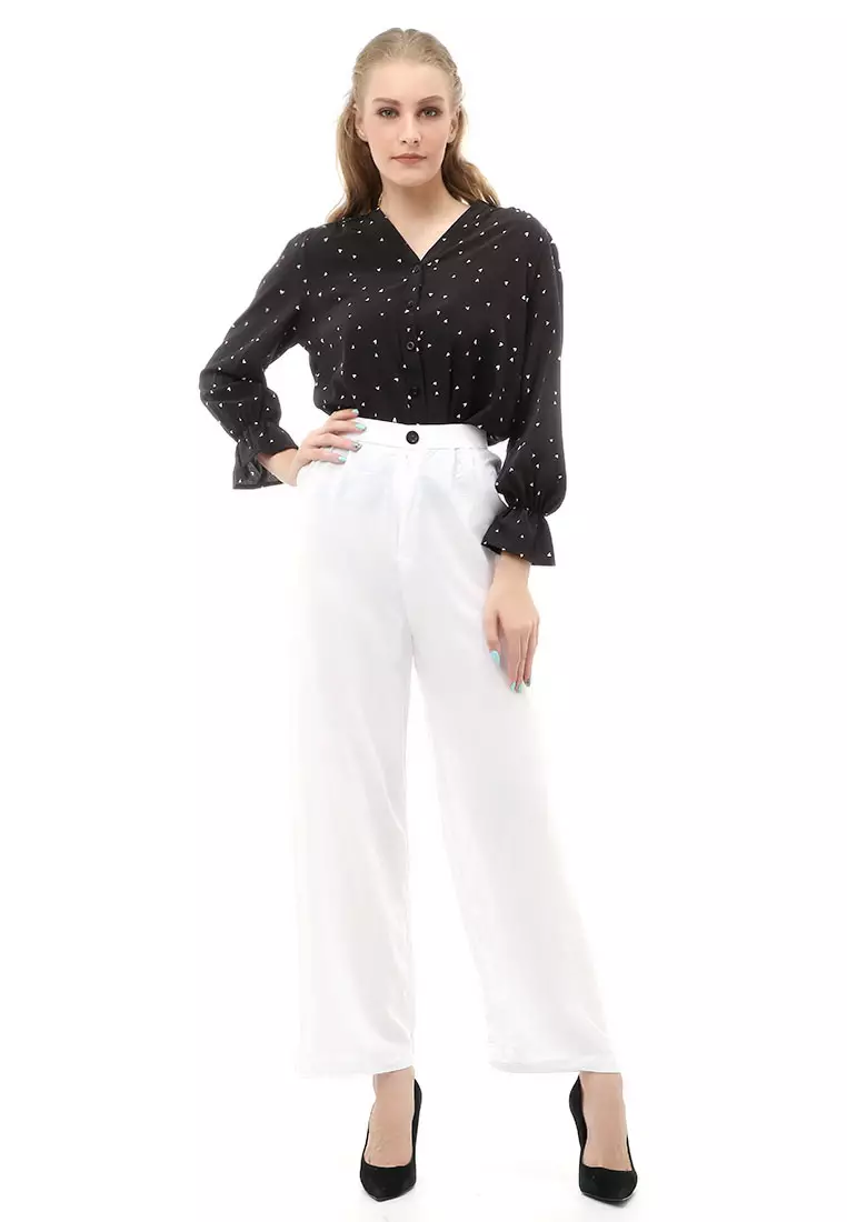 Jourel Celana Panjang Kasual Kulot Highwaist Wanita Style Kancing Resleting Material Rayon ORIGINAL - White