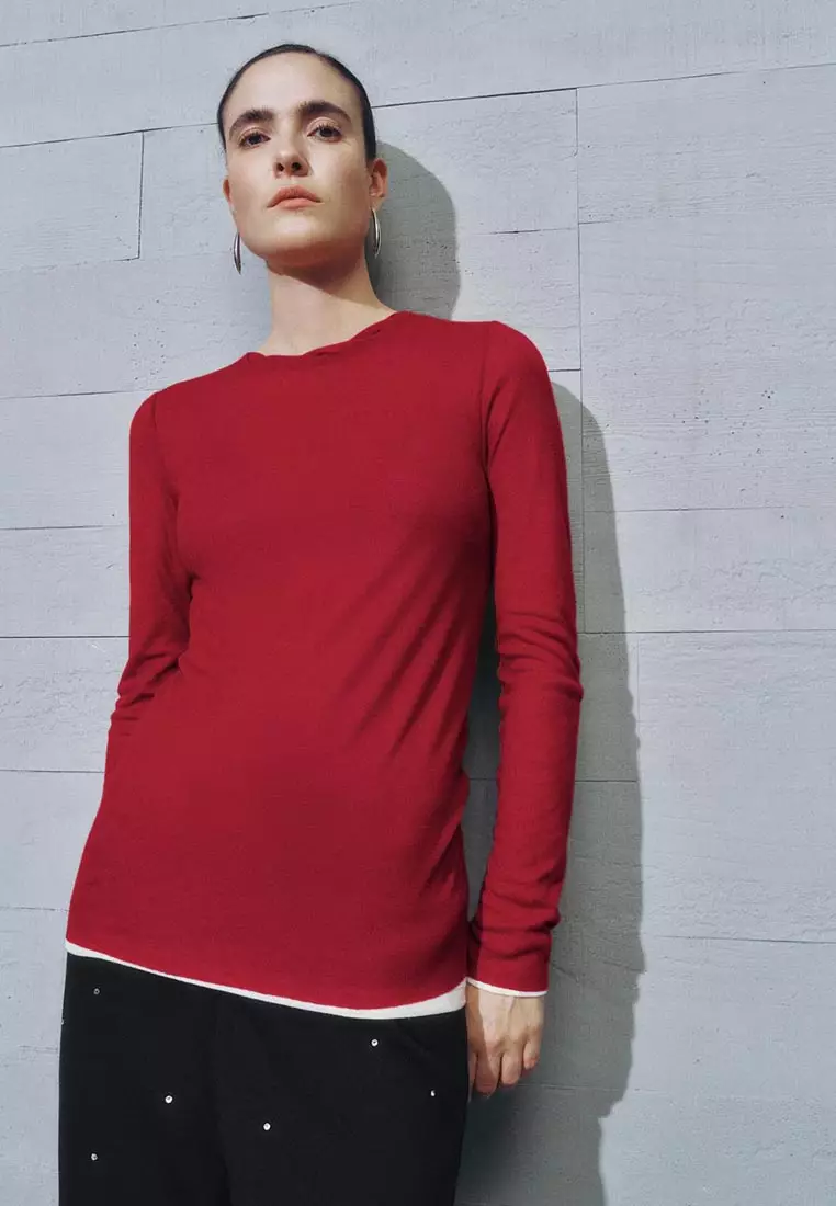 UR春季新款女装休闲简约红色圆领修身长袖T恤UWJ450010