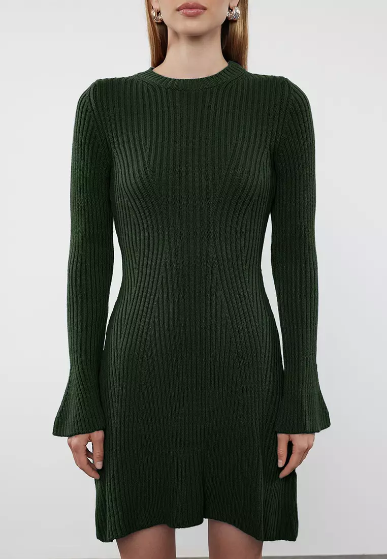 Emerald Green Mini Knitwear A Line Form Fit Dress