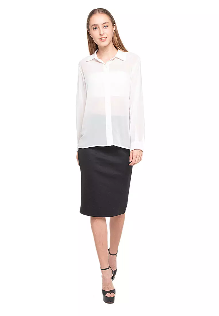 Calder Kemeja Atasan Transparan Front Button Opening Design Simple Plain Shirt Wanita - White