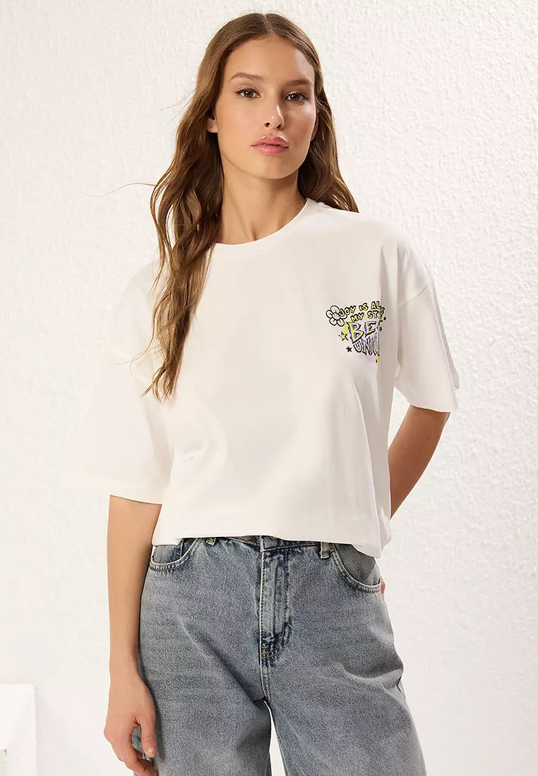 Ekru Oversize/Wide Pattern Front Back Printed Knitted T-Shirt