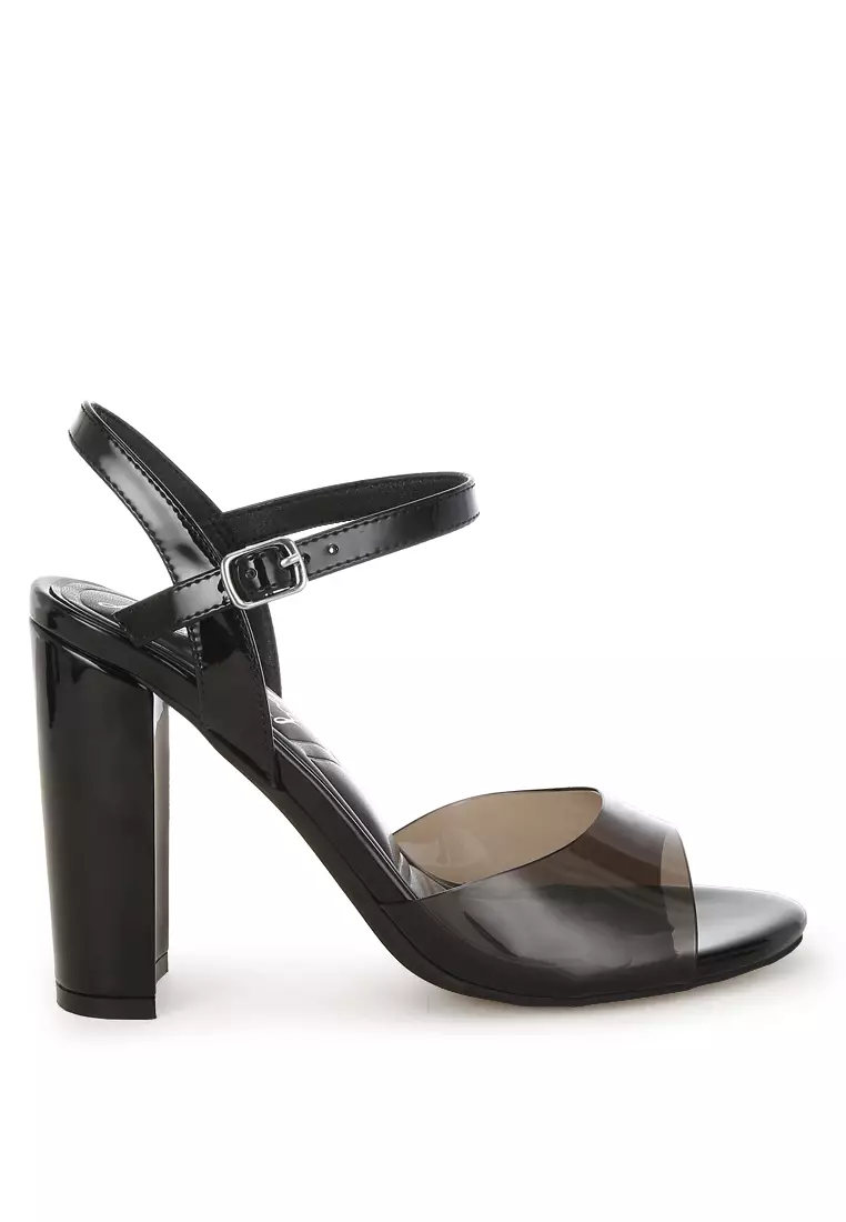 Discount on London Rag  shoes - SKU: Tinted Clear Strap Block Heel Sandals in Black