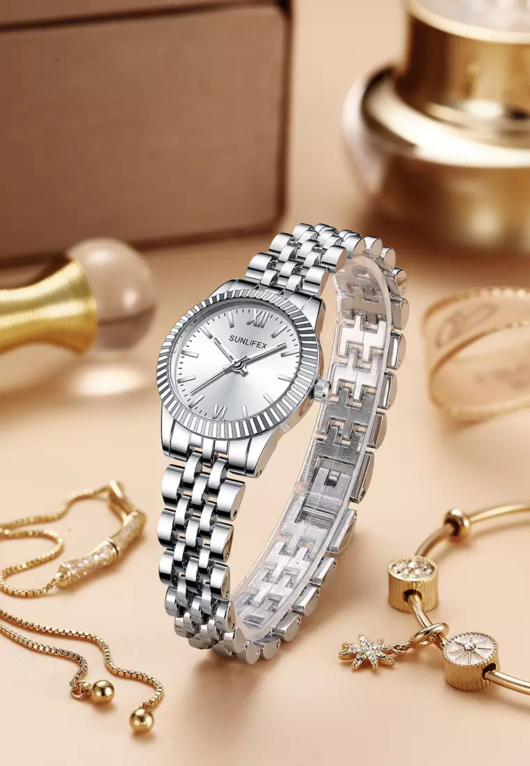 Jam Tangan Wanita Original Mode Creative Dial Anti Air Kuarsa Bercahaya Jam Tangan Cewek silverwhite