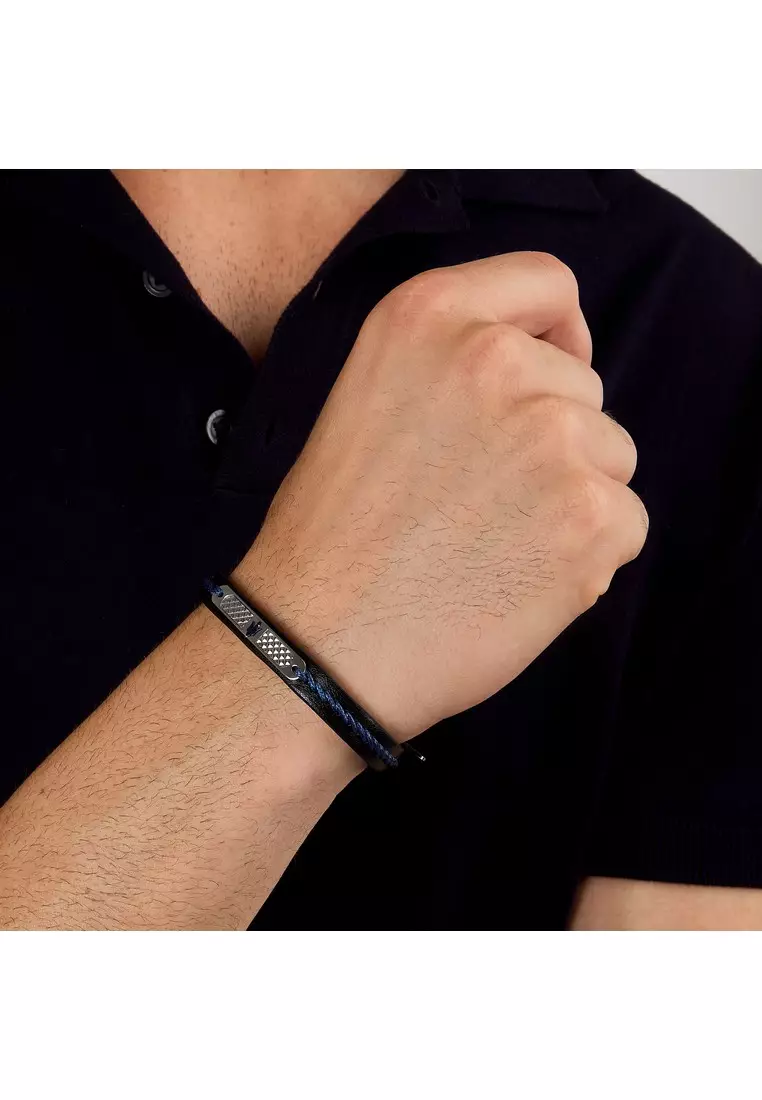 Maserati Leather Bracelet ,Men's Jewels ,Stainless Steel,19+3.5cm, Blue Recycled Leather, JM525AVE32（Adjustable）