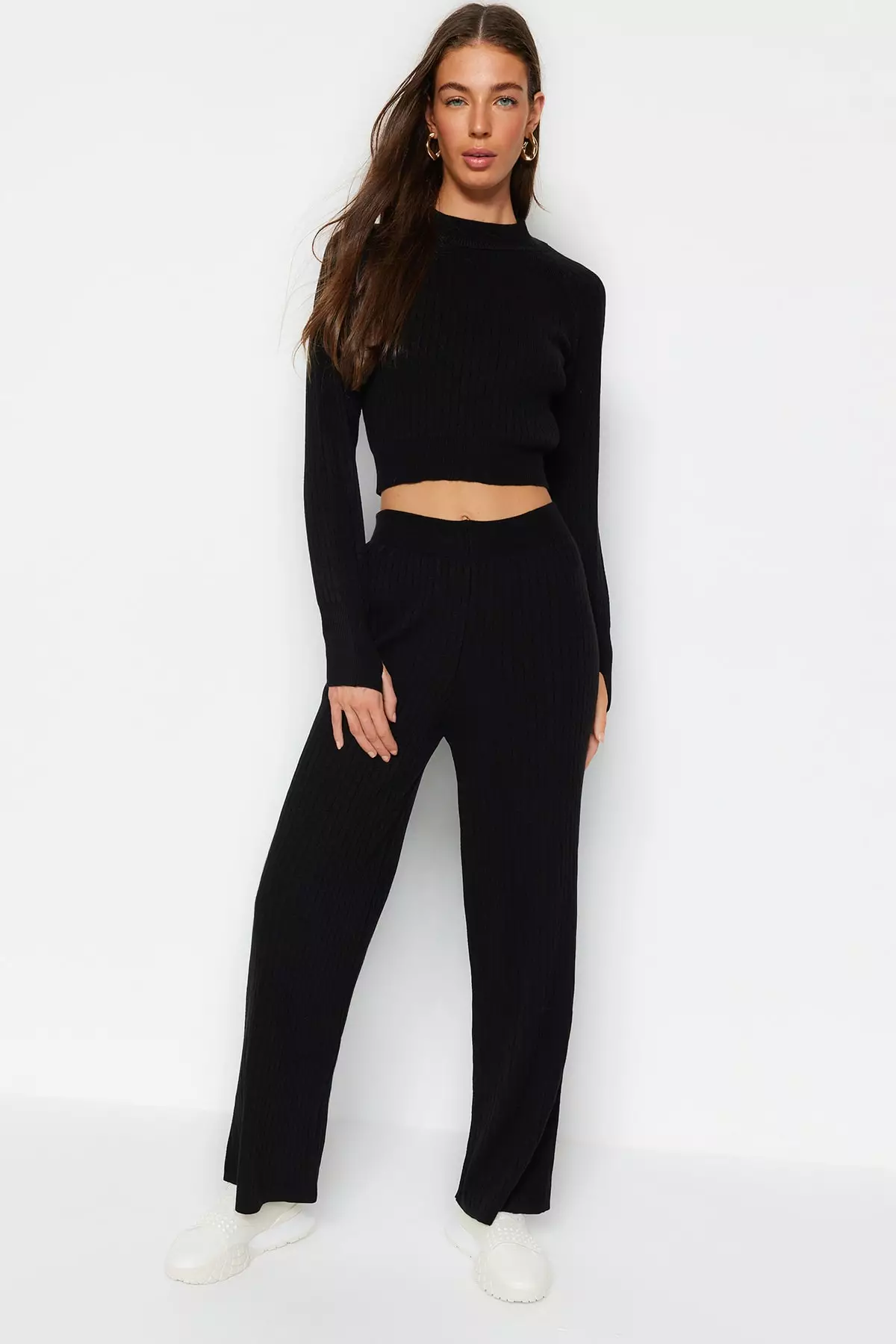 Buy Trendyol Black Crop Corduroy Sweater Bottom Top Set 2024