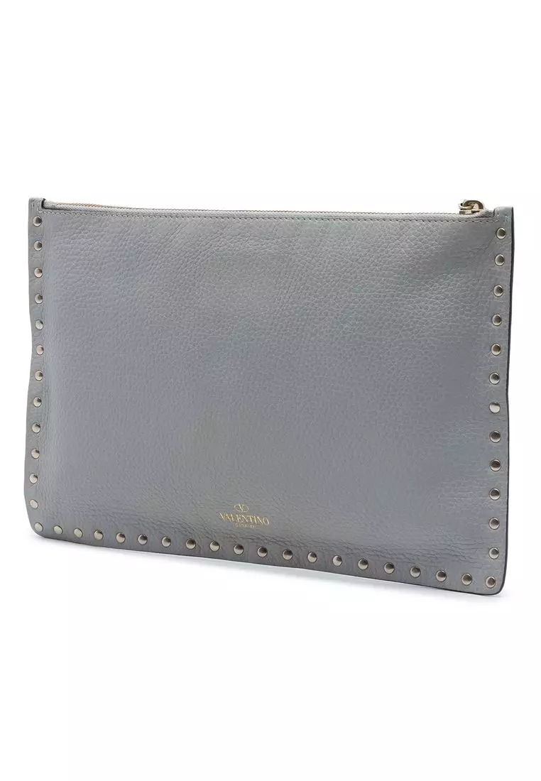 Pre-Loved Valentino Grained Calfskin Rockstud Zip Clutch