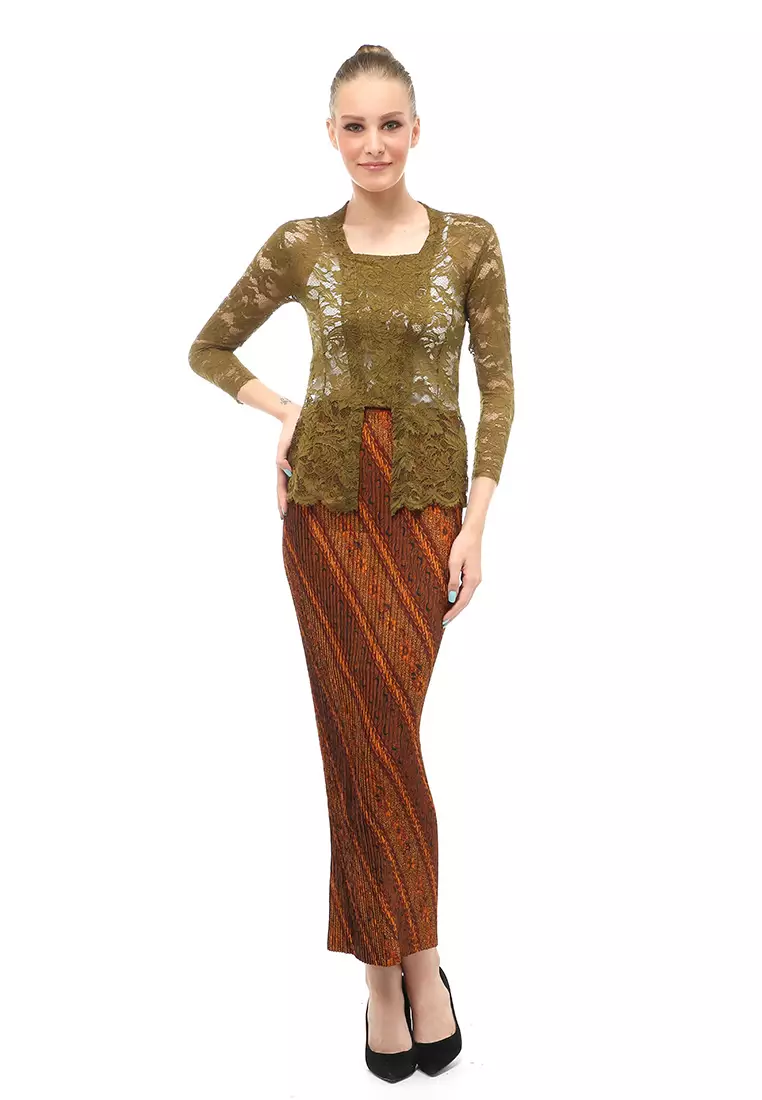 Hara Kebaya Seri 2 Motif Brokat Long Sleeves Atasan Wanita Transparan Premium Quality - Army