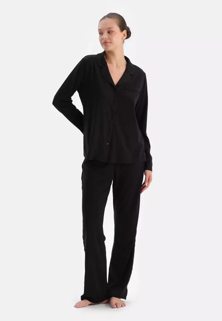 Black Shirt & Trousers Set, Regular Fit, Long Sleeve Sleepwear for Women