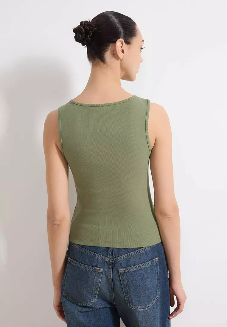 Khaki Buttoned Fitted/Bodycon Corded Fabric Stretchy Knitted Blouse Twoss24Bz36