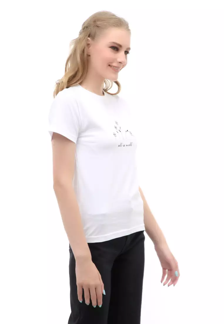 Genevie T-Shirt Kaos Kasual Wanita All Is Well Short Sleeve Material Cotton Combed ORIGINAL - White