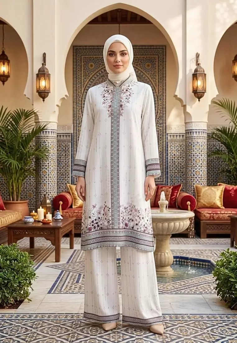 Tunik Panjang Muslimah Kekinian Motif Etnik Border (Dijual Terpisah) In Broken White By Brilliant Girl Warna TUNIK