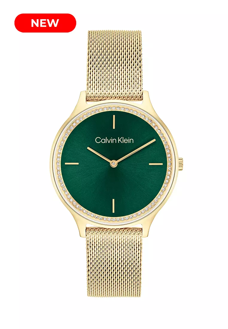 Women's Ionic Thin Gold Plated Steel Mesh Bracelet And Dark Green Dial Quartz Watch - CK25100005