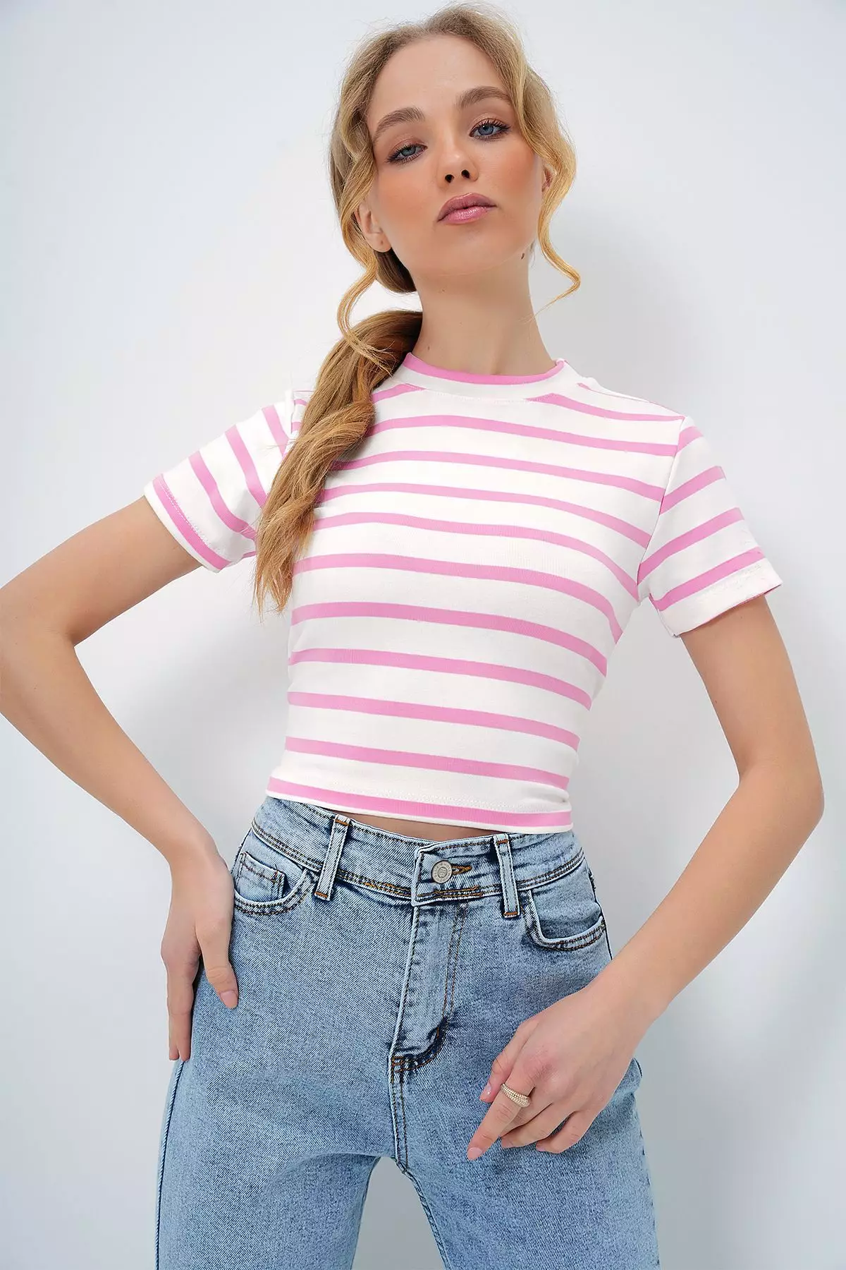 Women's Pink Crew Neck Half Sleeve Striped Crop Blouse