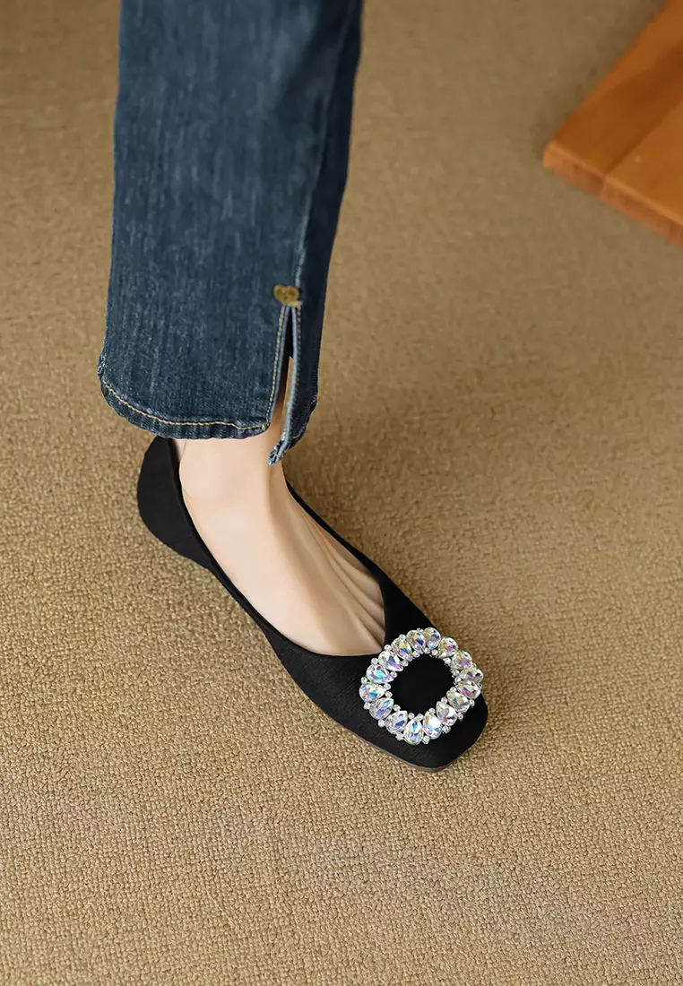 Rhinestone Buckle Square Toe Ballerinas WW566-2