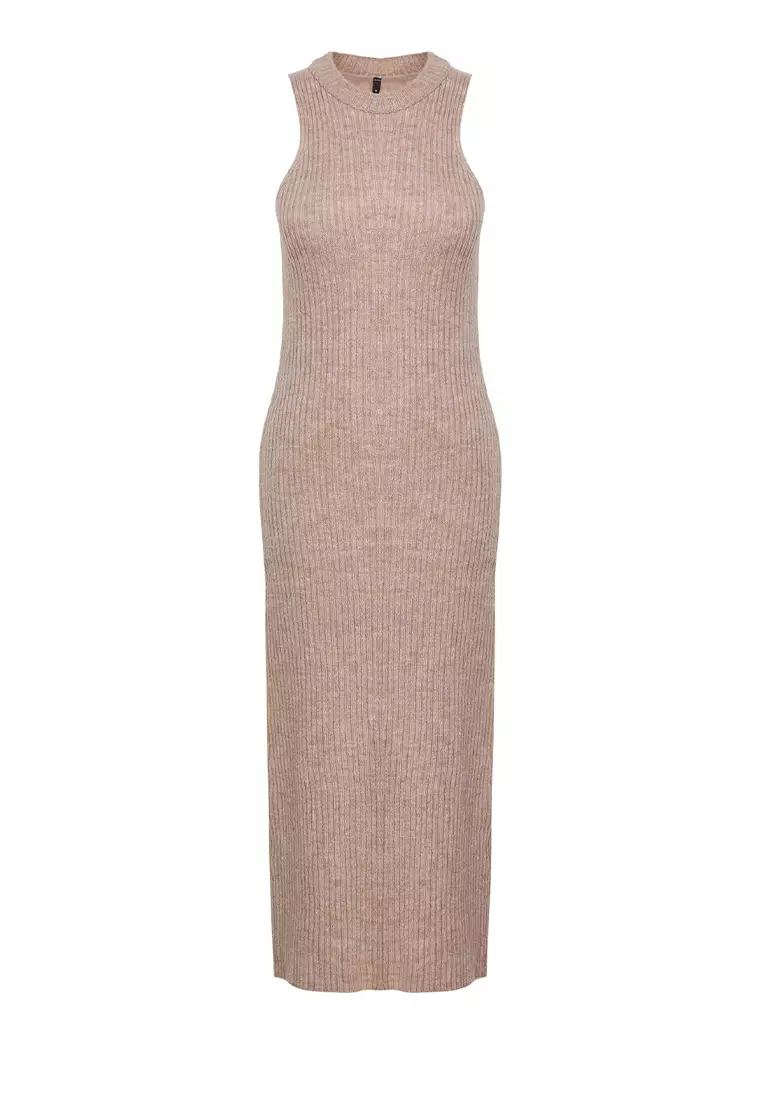 Light Brown Corded Soft Textured Knitwear Dress Cardigan Suit TCTAW25US00049