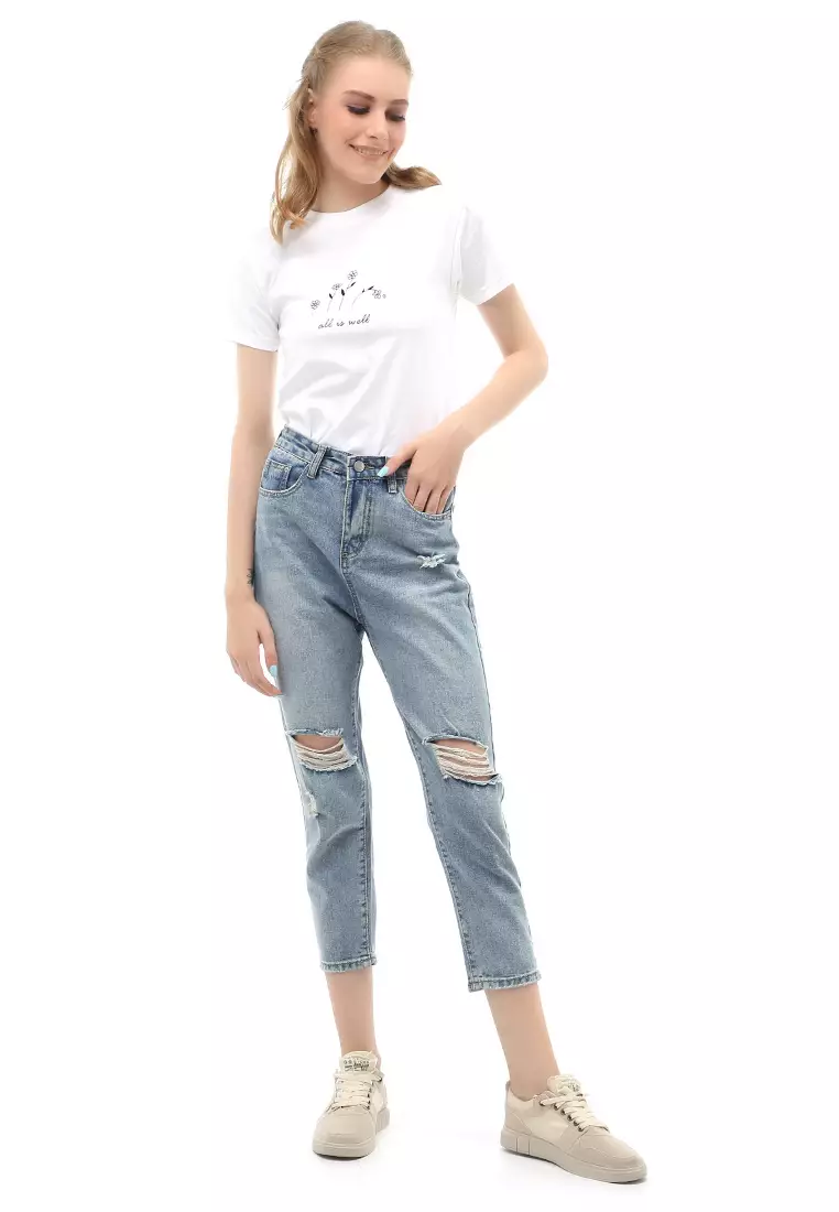 Jourel Long Pants Celana Panjang Jeans Sobek Wanita Desain Stylish Material Denim ORIGINAL - Light Blue