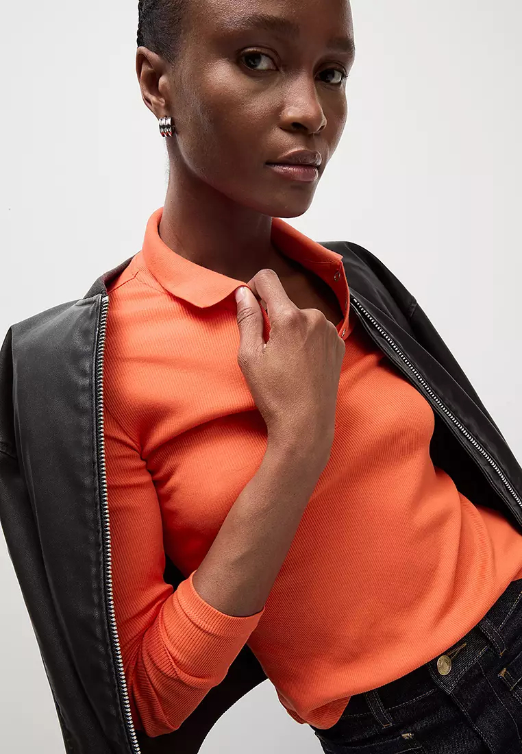 Cotton Rich Ribbed Collared Polo Top