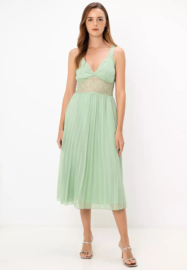 Petite Lace Insert Pleated Midi Dress