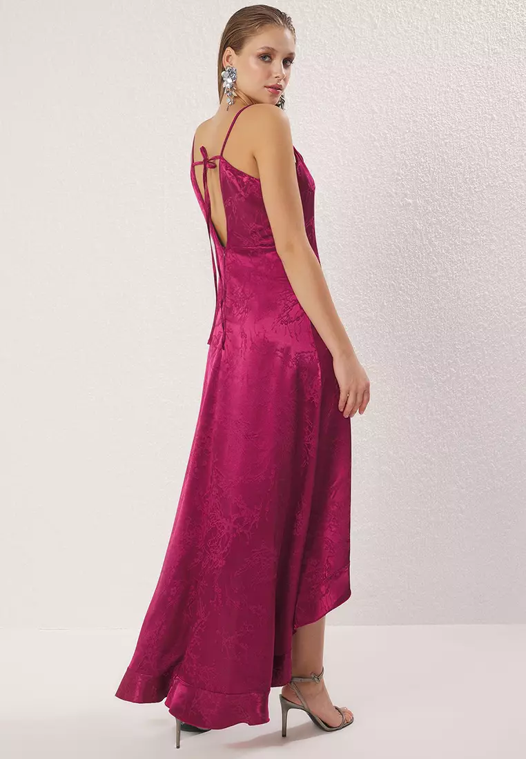 Buy Trendyol Plum A-Line V-Neck Satin Woven Long Elegant Evening Night Graduation  Dress TPRSS25AE00012 Online | ZALORA Malaysia