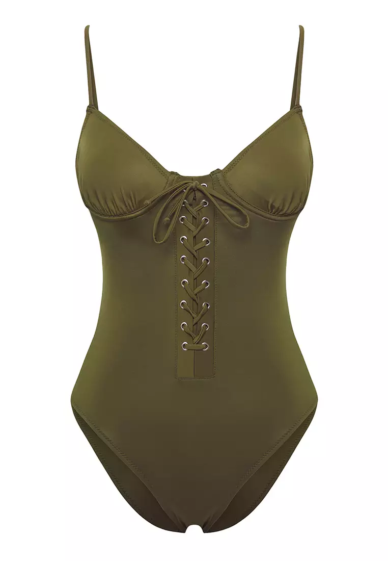 Khaki Balconette Eyelet Regular Swimsuit