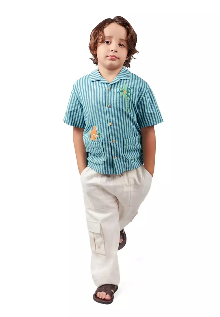 Boys Stripe Cubano Shirt With Embroidery