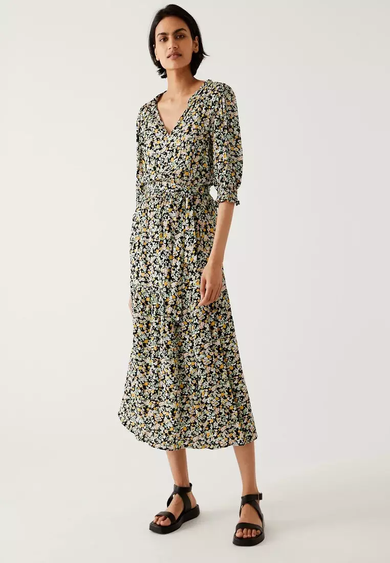 Printed V-Neck Midi Waisted Dress