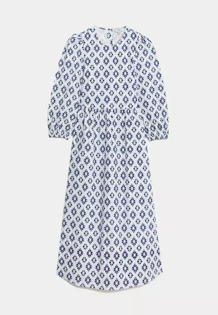 Cotton Rich Printed Midi Waisted Dress