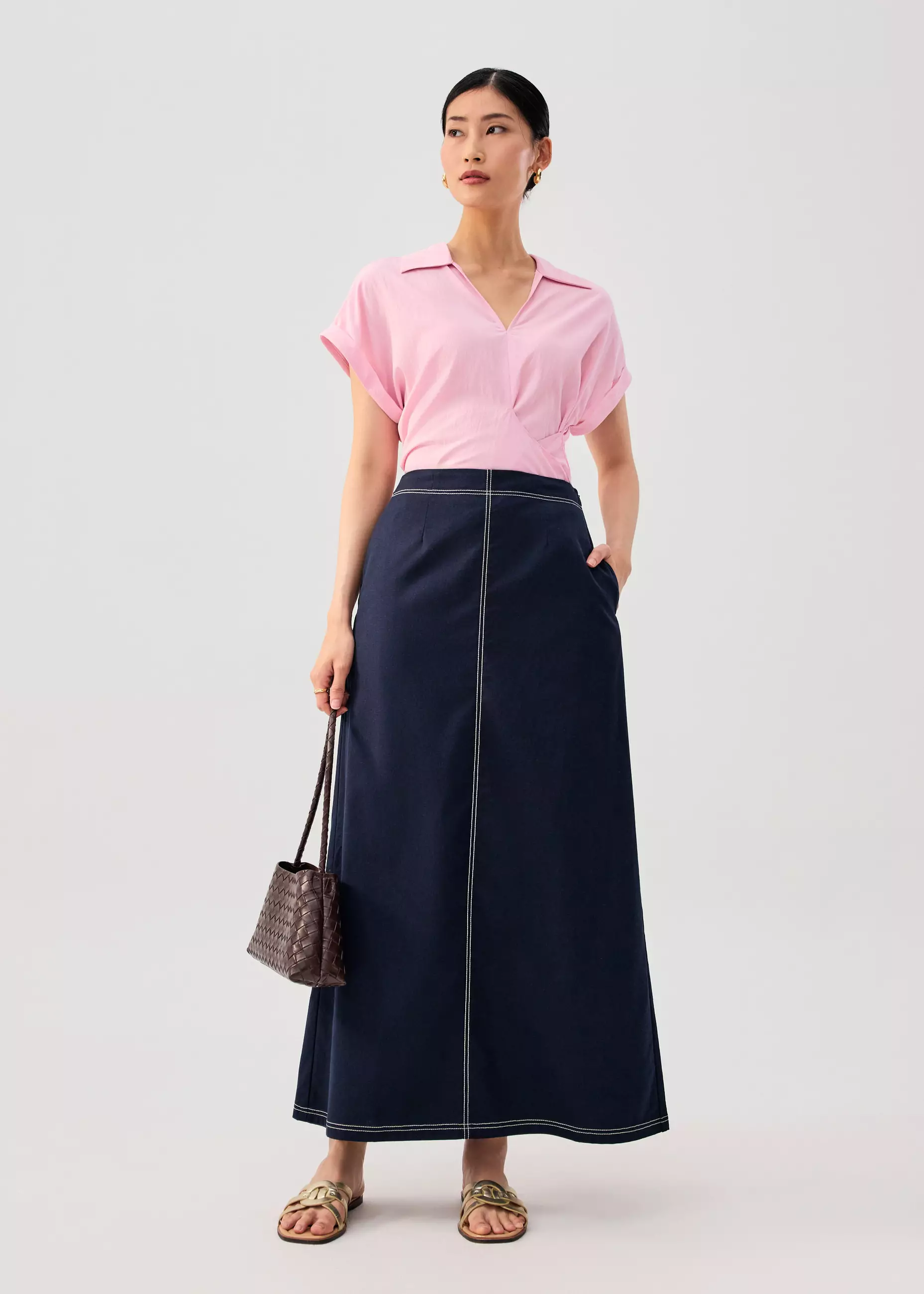 Rok Wanita - Elastic Contrast Stitch High Waist A-line Maxi Skirt