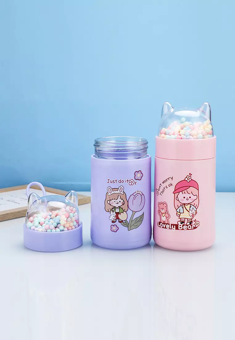 Wakakids Botol Minum Kaca Anak Food Grade Minimalis 350ml Tutup Karakter Kucing Lucu Bubble Warna Venrz Kuning