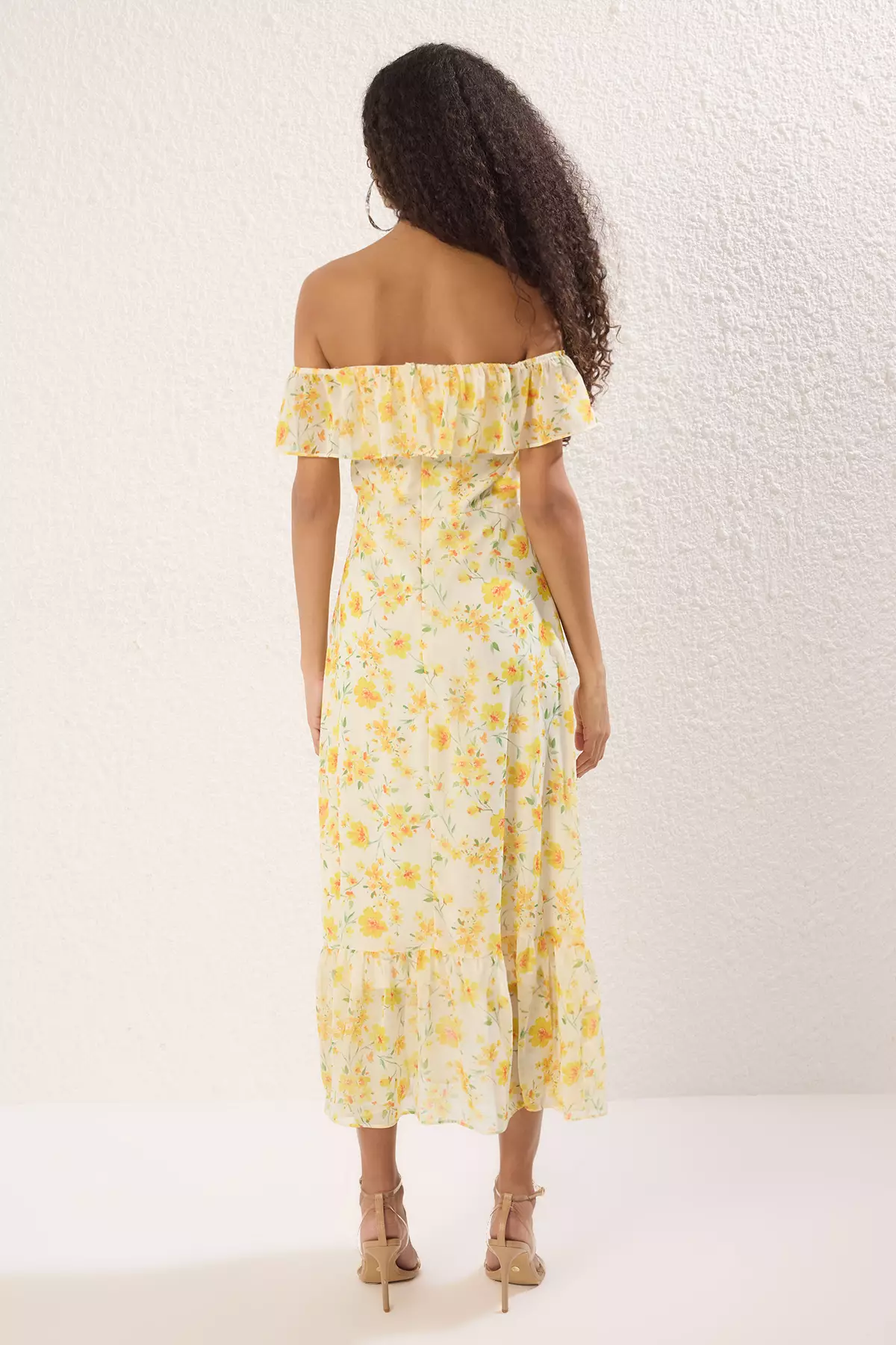 Yellow Floral Skirt Waist Opening Ruffle Chiffon Flight Flight Midi Dress